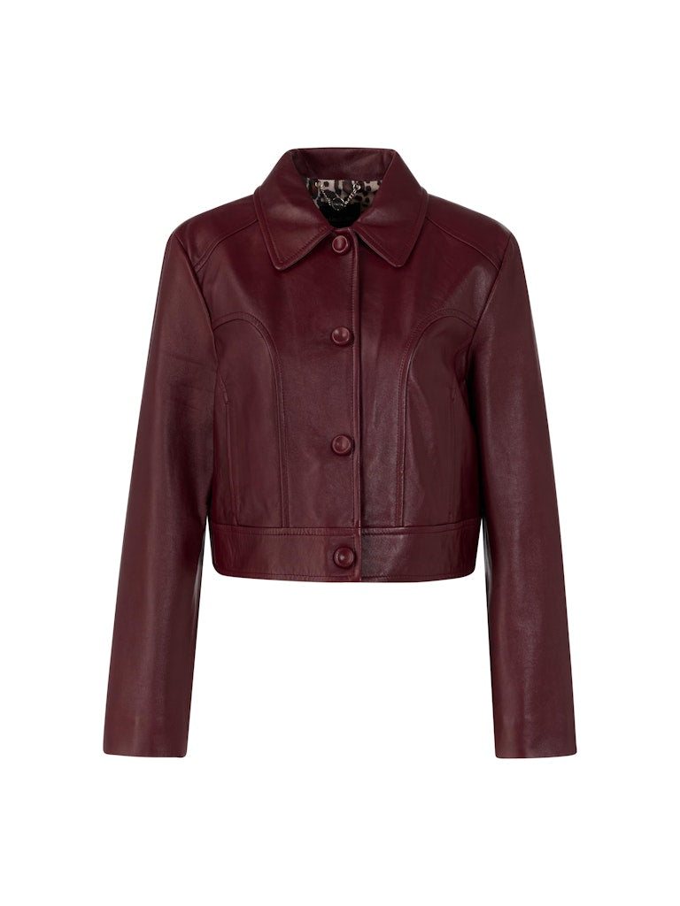 Kurze Lederjacke mit Kragen in bright maroon