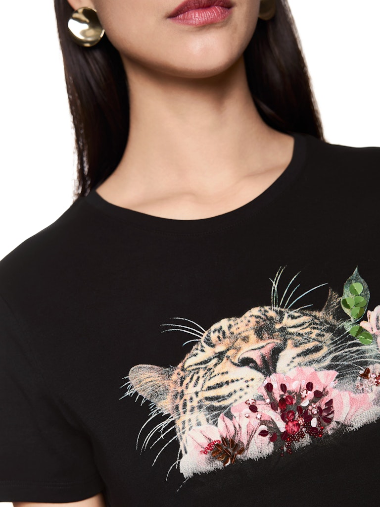 Shirt in schwarz mit Leo-Print und floralen Details
