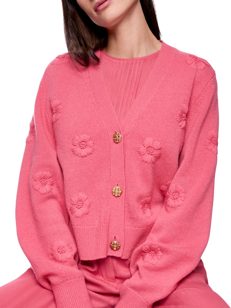 Strickjacke mit Stickerei in koralle "Rethink Together"