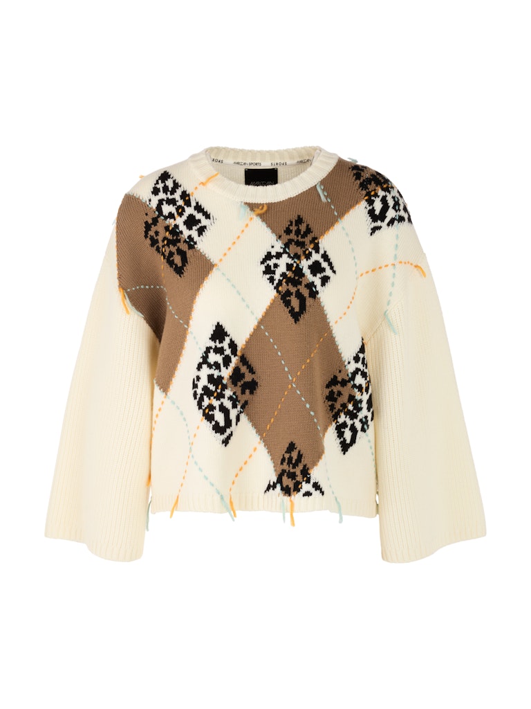 Woll-Pullover mit Karo und Fransen in bright ecru