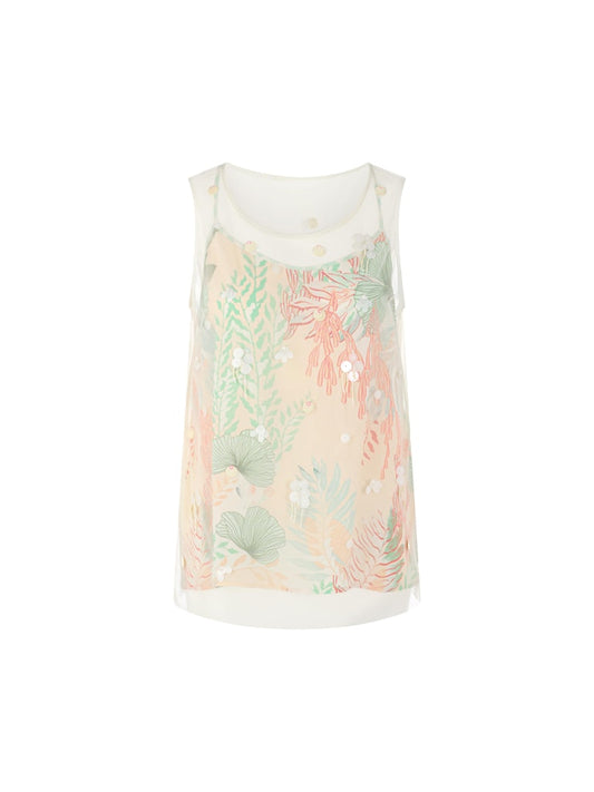 Top aus Mesh im floralen Dessin in bright ecru