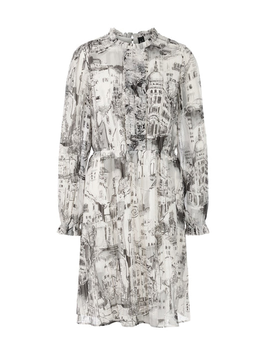 Feminines Kleid mit City-Scribble in smoke