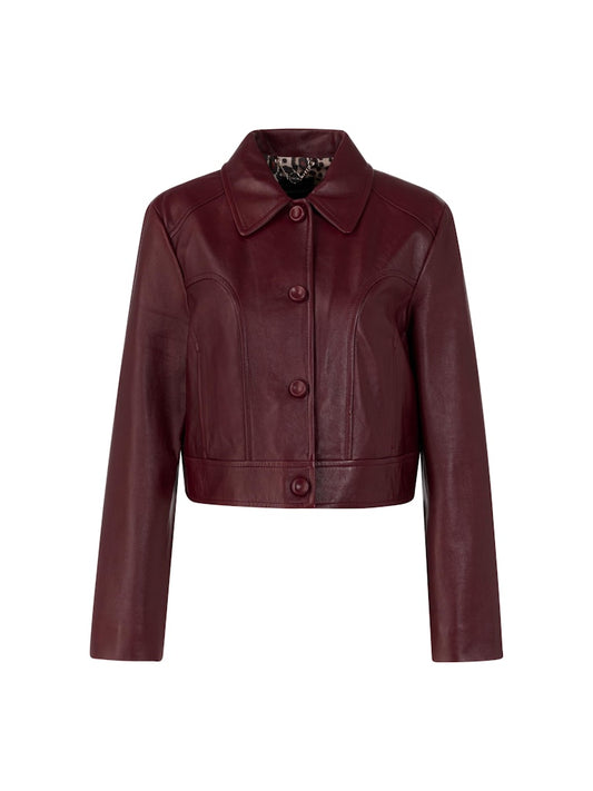 Kurze Lederjacke mit Kragen in bright maroon