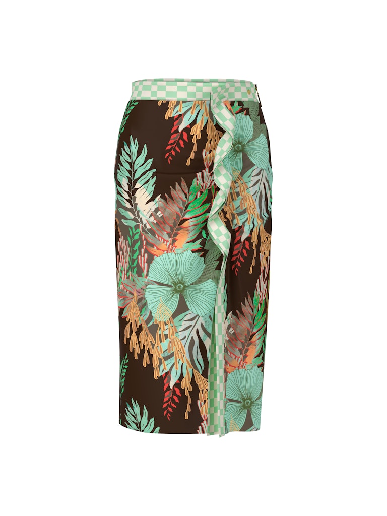 Midirock mit floralem Print in dark wood