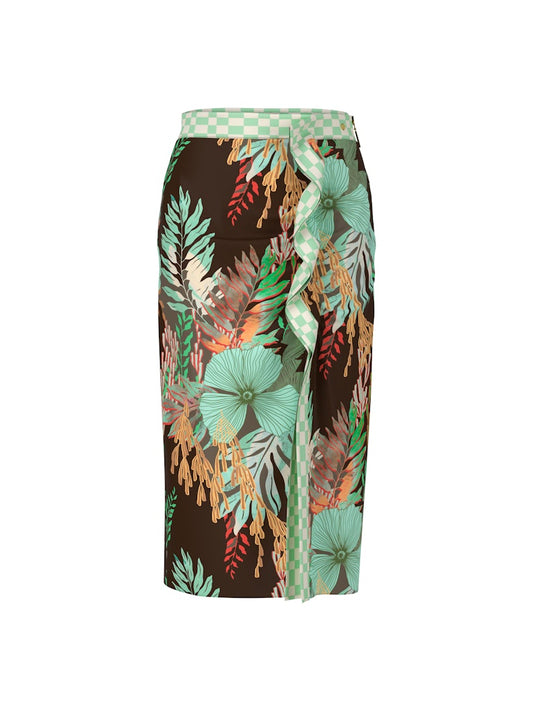 Midirock mit floralem Print in dark wood