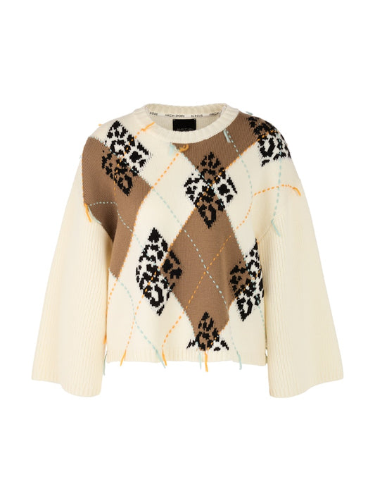 Woll-Pullover mit Karo und Fransen in bright ecru