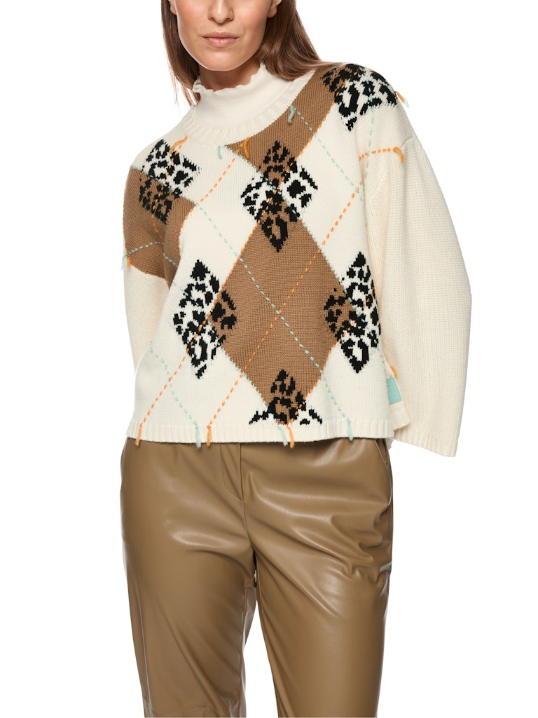 Woll-Pullover mit Karo und Fransen in bright ecru